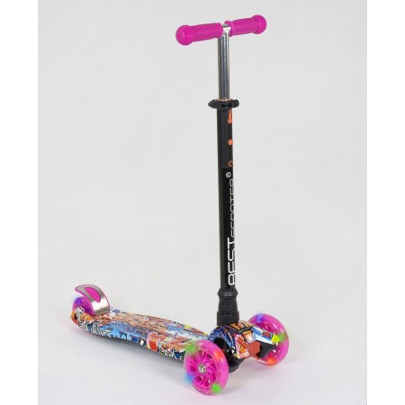 Самокат триколісний Best Scooter А 24651 / 779-1395 Сумний кермо Колеса поліуретан Графіті Рожевий
