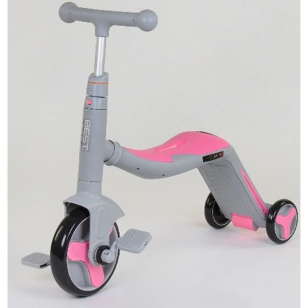 Cамокат триколісний Best Scooter JT 90601 3 в 1 Самокат беговел велосипед З підсвічуванням і музикою 8 мелодій Сірий з рожевим