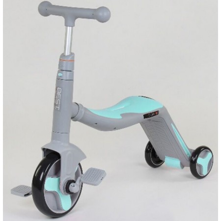 Cамокат триколісний Best Scooter JT 10181 3 в 1 Самокат беговел велосипед З підсвічуванням і музикою 8 мелодій Сірий з блакитним
